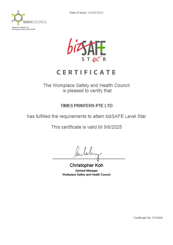 TIMES PRINTERS PTE LTD bizSafe star cert